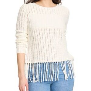 NIC+ZOE Cream Fringe Hem Knit Sweater | Boho Textured Pullover